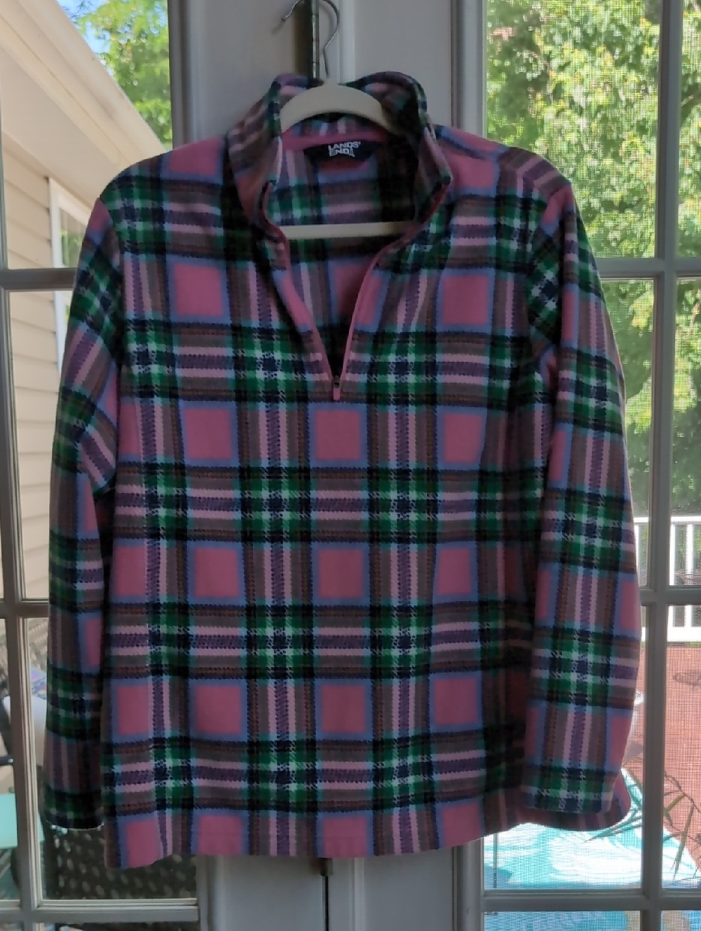 Lands' End Pink and Green Plaid Half-Zip Fleece Pullover